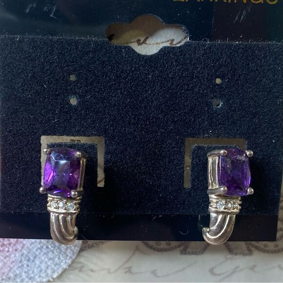 Avon Vintage Sterling Silver 925 Earrings Purple Stones Huggie Style - Picture 1 of 4